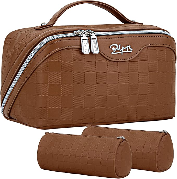 Travel Makeup Bag Organizer Cosmetic Bag: 3 Pcs Set Make up Bags for Women with Handle - Waterproof Vegan Leather Toiletry Bags with Comparments (C-03-Brown)