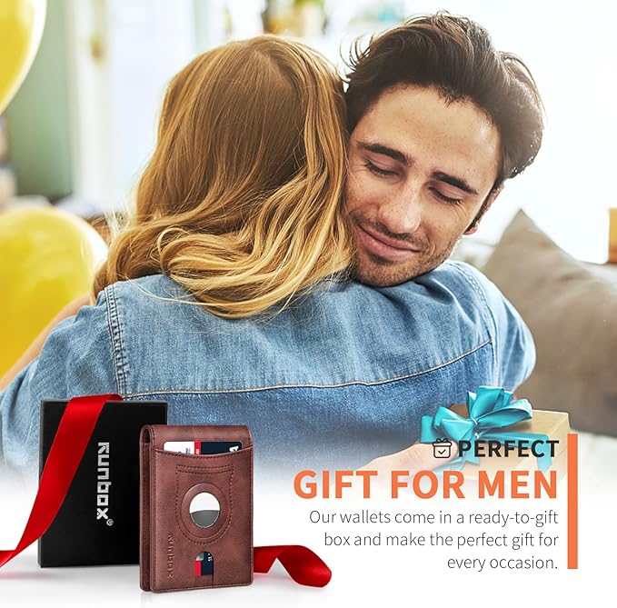 RUNBOX AirTag-Wallet-Mens-Slim-RFID Blocking Wallets Leather with Bill Compartment Air Tag Bifold Card Holder Wallet Gifts for Men Dad