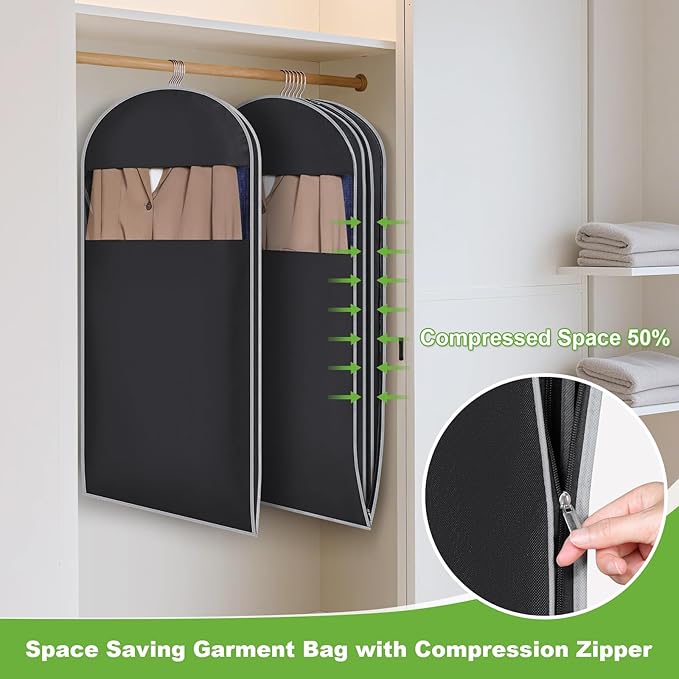 KEEGH Space Saving Hanging Garment Bag with Self Compression Zipper, 50 Inch Garment Bags for Hanging Clothes with Clear Window, Suit Bags for Closet Storage (2 Pack)