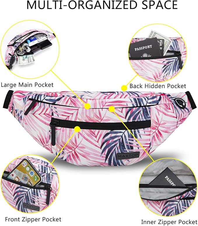 MAXTOP Large Crossbody Fanny Pack with 4-Zipper Pockets,Gifts for Enjoy Sports Festival Workout Traveling Running Casual Hands-Free Wallets Waist Pack Phone Bag Carrying All Phones