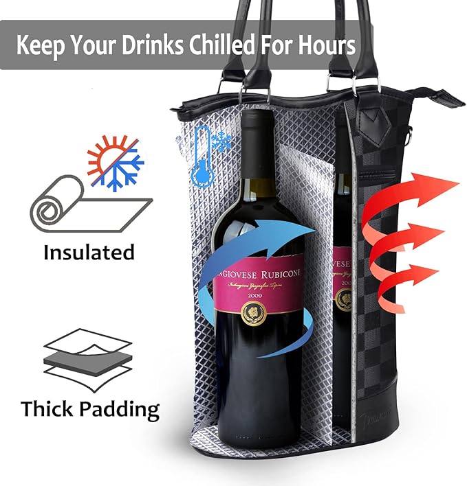 Tirrinia Insulated Wine Gift Carrier Tote - Travel Padded 2 Bottle Wine/Champagne Cooler Bag for Portable Wine Bottle Carrying Case, Women Men Wine Party Bag for Event,BYOB,Beach, Gift for Wine