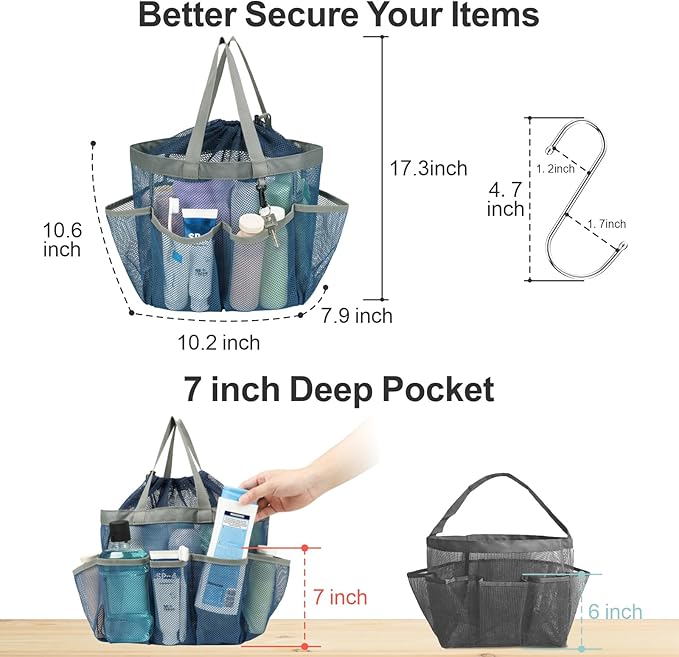 F-color Mesh Shower Caddy Portable with Drawstring - Upgrade Deeper 7 Pockets Dorm Room Essentials for Guys Girls with S Hook, Shower Bag Basket Tote for College Camping Toiletry Bathroom, Blue