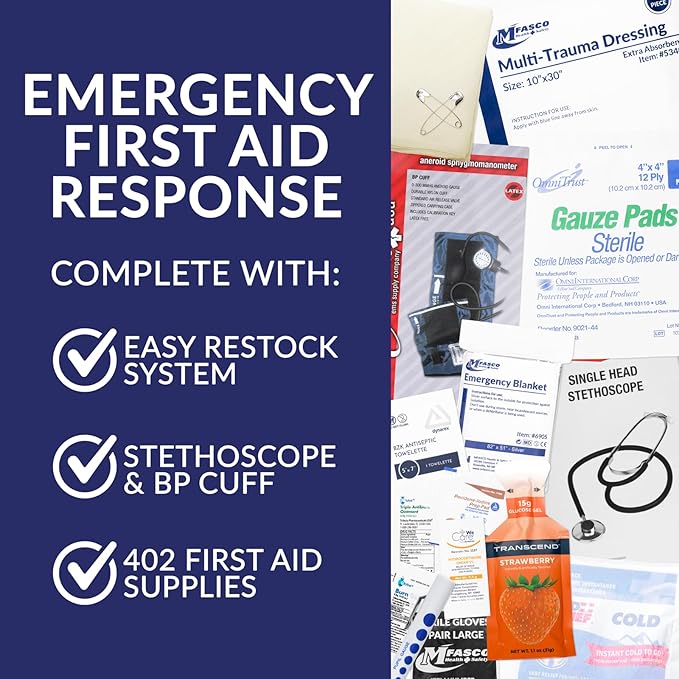 MFASCO First Aid Kit - Fully Stocked Portable Reflective Bag -First Responder Emergency Response Kit-for Natural Disaster Preparedness-Customizable Storage-Includes 415 Pcs First Aid Supplies-Black