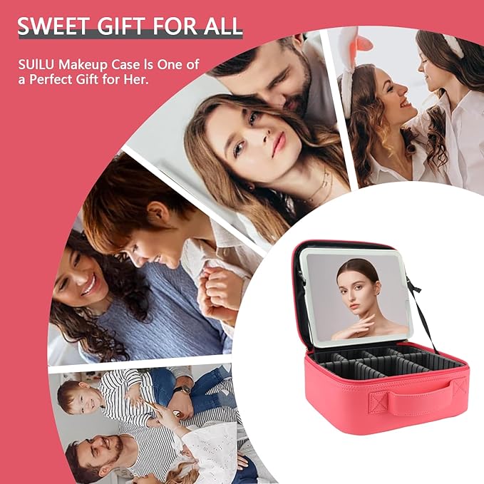 Makeup Bag with Led Mirror,Travel Makeup Organizer with 3 Color Setting, Portable Storage and Adjustable Dividers Travel Makeup Bag(light red)