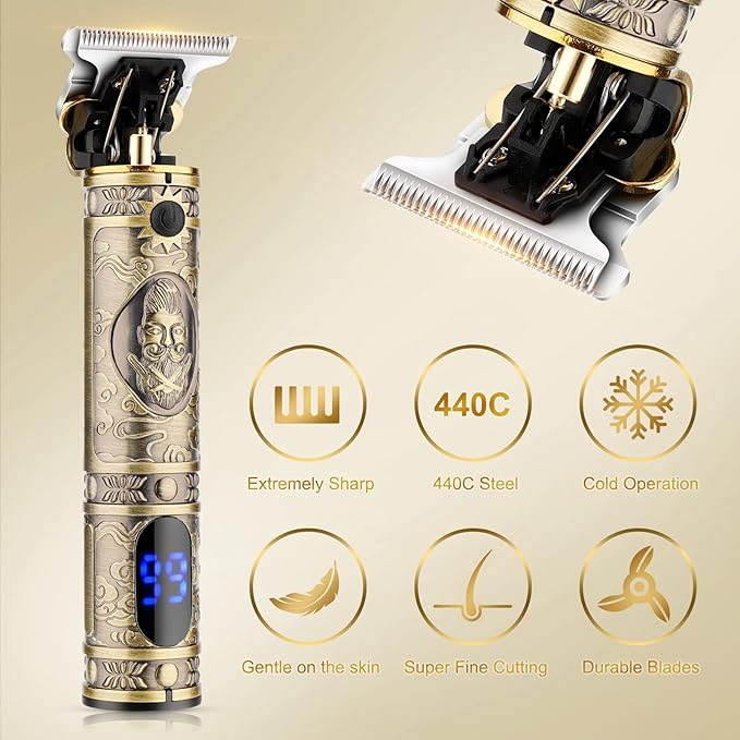 Hair Clippers for Men,Professional Cordless Barber Trimmer Set,Nose and Ear Hair Trimmer with Razor Replacement Head,USB Rechargeable Hair Cutting Grooming Kit-LED Display (Gold-1)