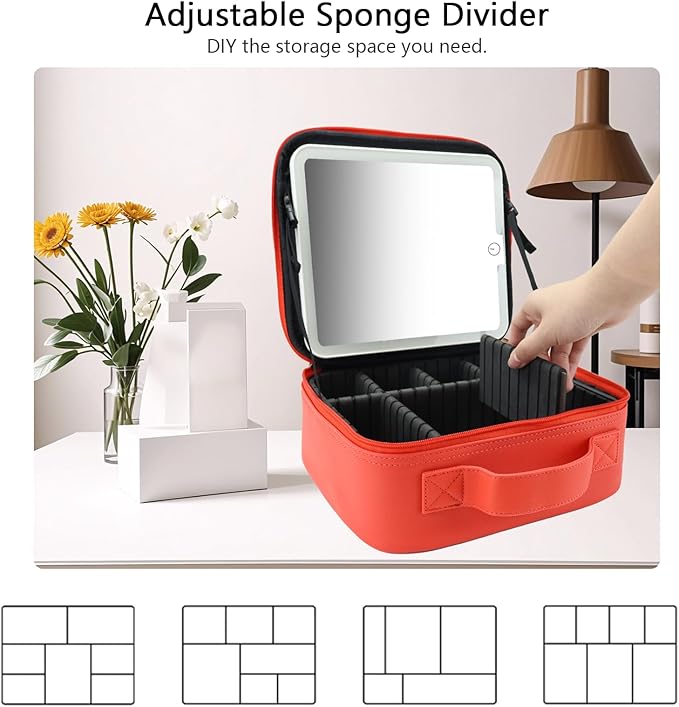 Travel Makeup Bag with LED Mirror Travel Makeup Organizer with 3 Lighted Settings, Adjustable Dividers and Makeup Brush Storage Bag Red