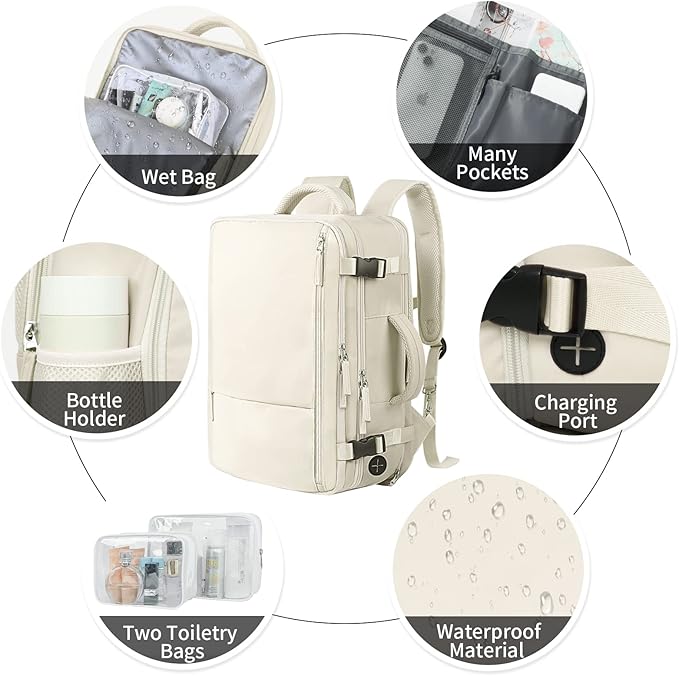 Hanples Large Travel Backpack for Women, 40L Carry on Luggage Backpack, College Laptop Backpack Airline Approved Business Work Bag Fits 17 Inch Computer for Men with 2 Toiletry Bags (Beige)