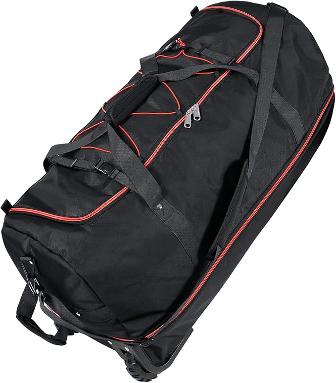 110L Expandable to 140L 32” Foldable Oxford Soft-Sided Rolling Duffle Bag with 2 Heavy-Duty Wheels,3 Large Compartments,Adjustable Shoulder Strap and Attached Organizer Pouch,Black Red