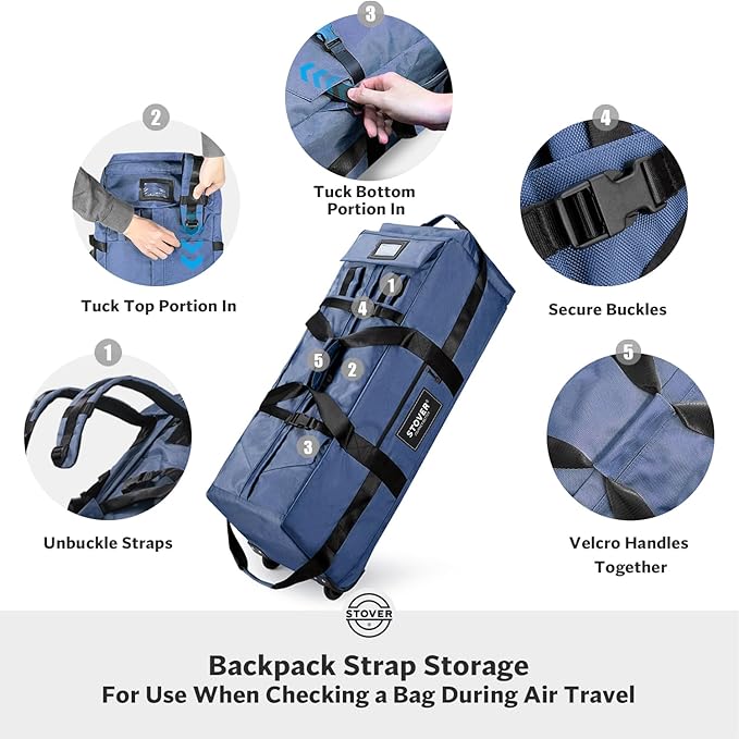 STOVER 80L Rolling Duffel Bag with Wheels, Large 31 Inch Durable Travel Duffle + Toiletry Bag, Heavy Duty, Packable, Foldable w/Shoulder Straps- Use as Luggage or Backpack, Men/Women (Blue)
