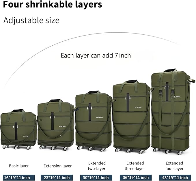 Expandable Foldable Luggage, 42'' Suitcase With Spinner Wheels, Rolling Duffle Bag with Wheels and Handle, Collapsible Luggage, With 2 Handle Wrap and 2 Fixing Straps, 1 Shoulder Strap (Green)
