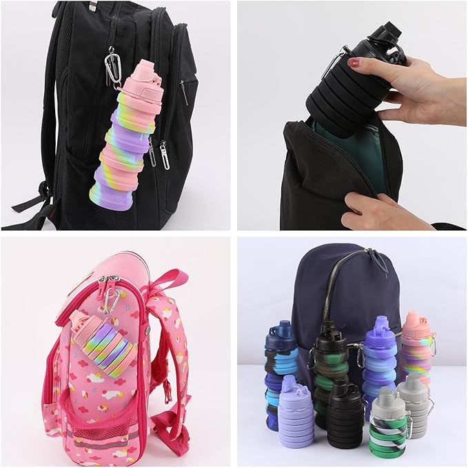 Collapsible Water Bottle for Adults, Boys, Students, Kids, Reusable Silicone Foldable Water Bottles for Travel Camping Hiking Sports,Leak-Proof Portable Sports Water Bottle (Camouflage & Purple)
