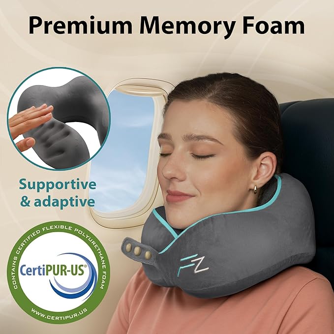 Memory Foam Travel Pillow for Airplanes & Car Rides - Adjustable Airplane Pillow with 360° Chin and Neck Support for Comfy Naps, Extra-Soft Washable Neck Pillow Cover, Squeezy Mesh Bag - Grey