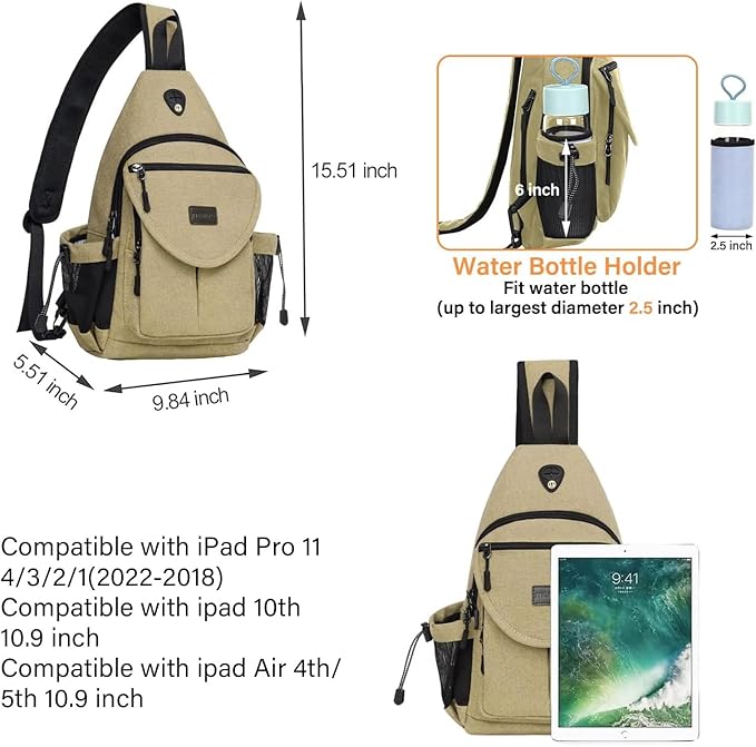 MOSISO Sling Backpack,Canvas Crossbody Hiking Daypack Bag with Anti-theft Pocket, Khaki
