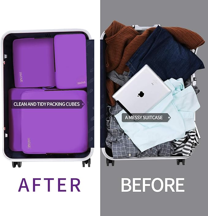 BAGAIL 4 Set/6 Set/8 Set Compression Packing Cubes Travel Accessories Expandable Packing Organizers (Cloth Pattern, 4-Purple)