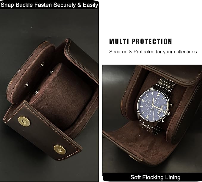 Longjet Watch Roll Travel Case for Men Portable Watches Organizer Box with Removable Velvet Pillow Holder (1 Slot Chocolate Brown/Genuine Leather)