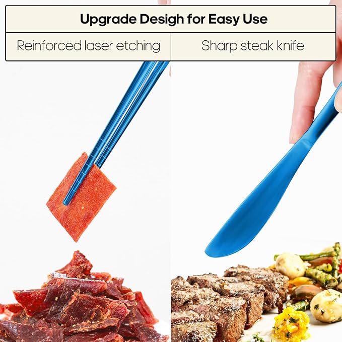 Travel Utensils with Case, Quatish Portable Silverware Set for Work, Stainless Steel Reusable Travel Cutlery Set, Fork and Spoon Set for Camping, Picnic, Gadgets, Lunch Box for Men, Blue