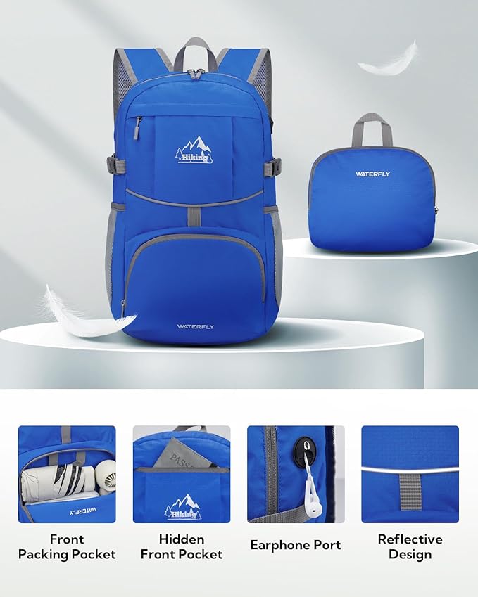 WATERFLY Hiking Foldable Daypack Backpack: 25L Ultra Lightweight Packable Waterproof Outdoor Travel Day Pack for Woman Man