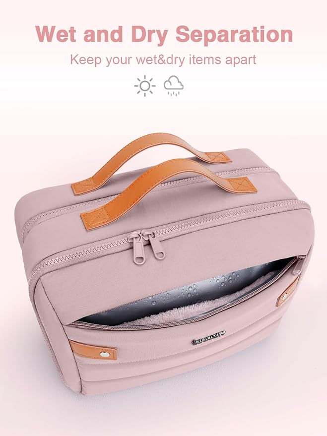 Women's Hanging Toiletry Bag, Waterproof Travel Cosmetic Organizer with Jewelry Storage, Large Capacity Makeup Case for Full-Size Skincare & Bathroom Essentials, Portable Cosmetic kit, Pink
