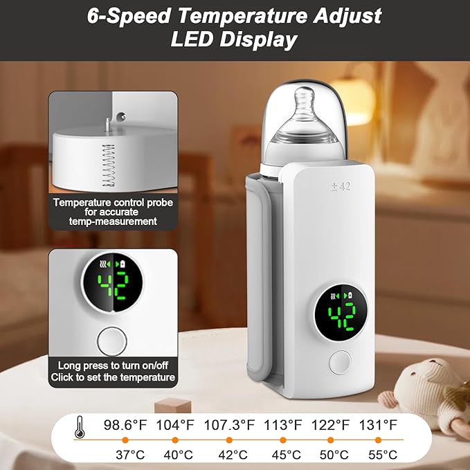 Portable Bottle Warmer,Travel-Friendly,Fast-Heating,Cordless & Rechargable,Baby Bottle Warmer,Comfortable Feeding Bottle Warmer on The Go,Precise Temperature