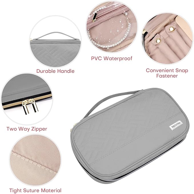 Jewelry Travel Case Organizer for Necklaces, Earrings, Rings, Bracelet, Watch, Soft Sided, Grey
