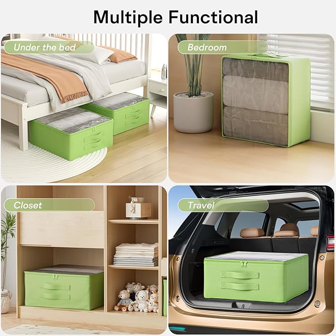 Clothes Storage Bags, Foldable Thick Fabric Blanket Storage Bags, Large Clear Window & Carry Handles, Great for Clothes, Blankets, Closets, Pillows, Toys (Green, Extra-2Pack)
