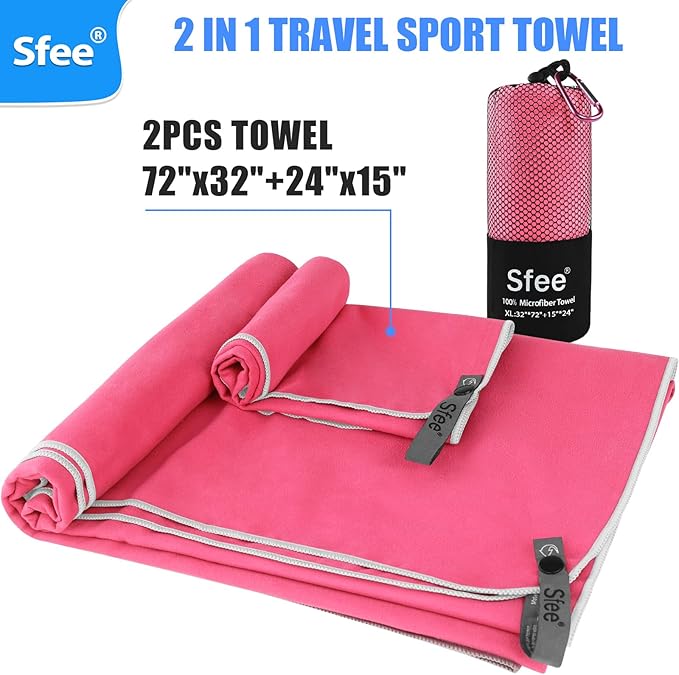 Sfee 2 Pack Microfiber Travel Towel, Quick Dry Towel Camping Towel Large Beach Towel Super Absorbent Compact Lightweight Sports Towel Gym Towel Set for Beach, Gym, Hiking, Pool, Backpacking,Bath,Yoga