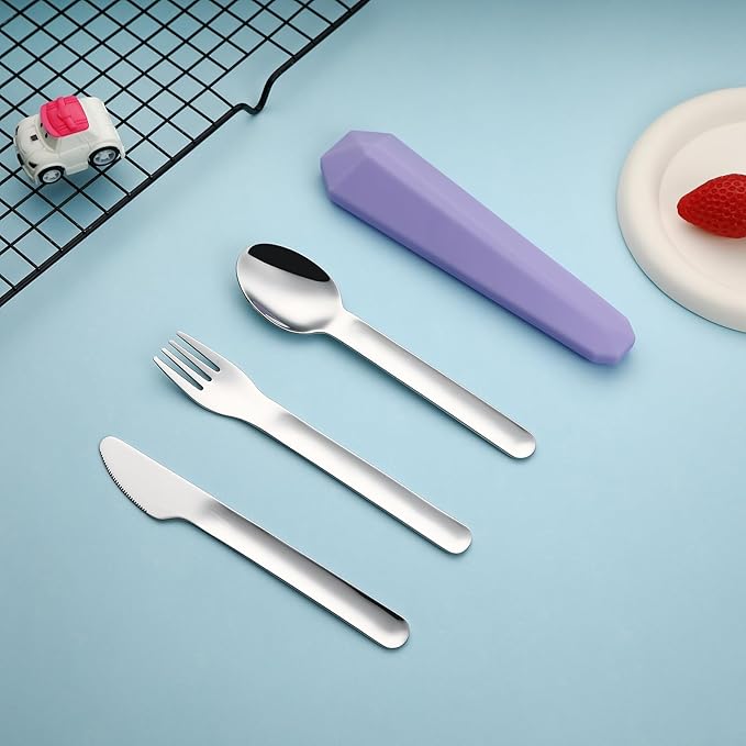DEVICO Travel Utensils with Case, Reusable Camping Silverware Cutlery, 18/8 Stainless Steel Portable Fork Spoon Knife Set for Lunch Picnic School Workplace (Purple)
