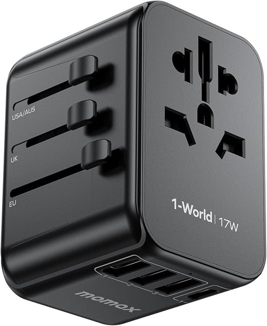 MOMAX European Travel Plug Adapter, Worldwide All in One Travel Adapter, International Power Adapter Wall Charger with 3 USB A and 1USB C Charging Ports for Travel Essentials (Type C/G/A/I)