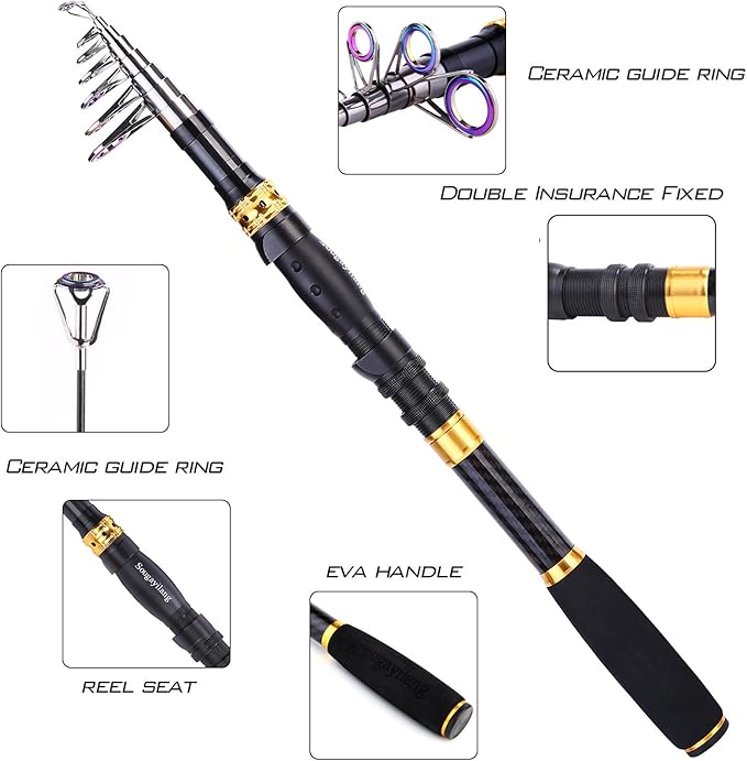 Sougayilang Fishing Rod Reel Combos Carbon Fiber Telescopic Fishing pole with Spinning Reel for Travel Saltwater Freshwater Fishing