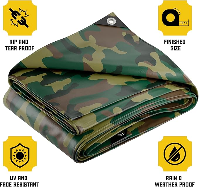 Core Tarps Extreme Heavy Duty 20 Mil Tarp Cover, Waterproof, UV Resistant, Rip and Tear Proof, Poly Tarpaulin with Reinforced Edges for Roof, Camping, Patio, Pool, Boat (Camouflage/Green 10′ X 10′)