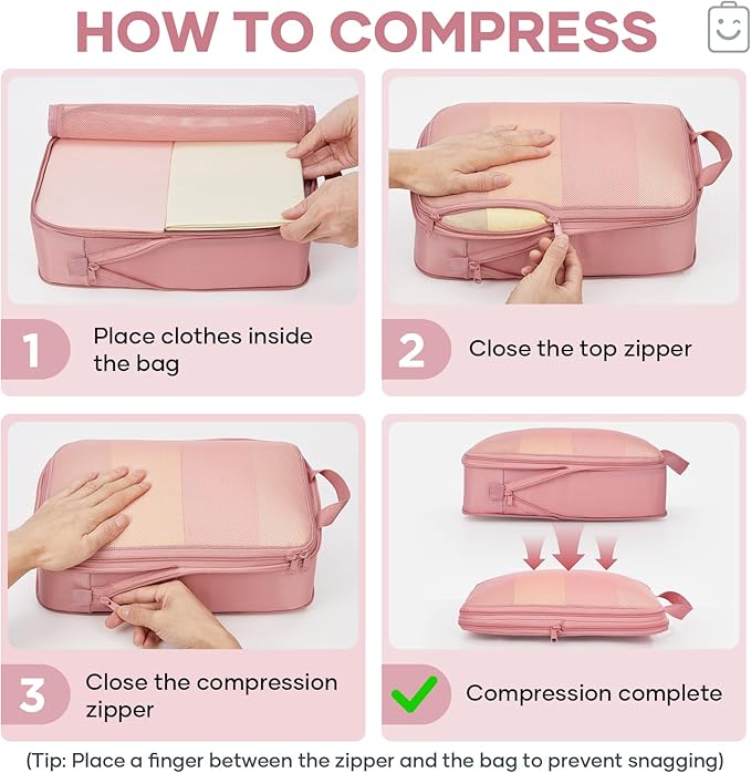 Veken 6/9/11 Set Compression Packing Cubes for Travel Essentials,Compressible Expandable Large Luggage Suitcase Organizer Bags for Clothing,Durable Space Saver Storage Bags(Pink)