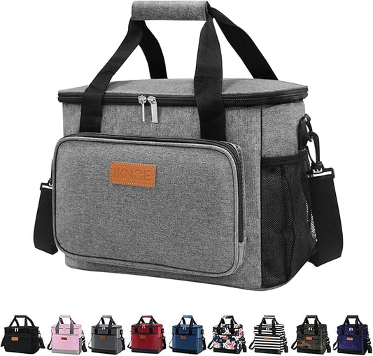 iknoe Thickened Lunch Bag - Soft Coolers Insulated, Leak Proof Tote with Zippered Top - Great for Work, Picnic, Beach - 18-Can Capacity, Grey