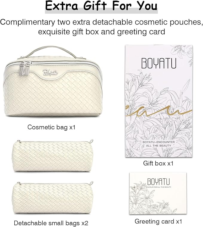 BOYATU Travel Makeup Bags for Women: Large Cosmetic Bag - Vegan Leather Make up Bags Set of 3 - Protable Toiletry Bag Compact Organizer with Compartments (L09 Beige)