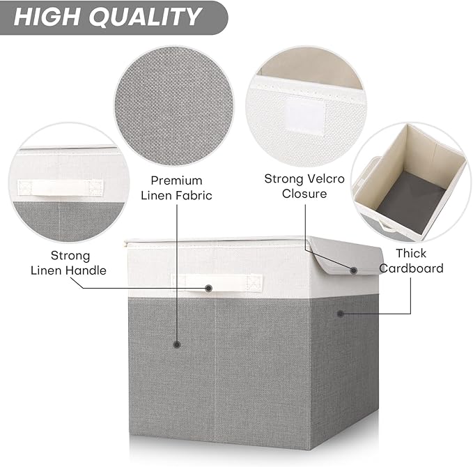 Large 22 Quart Linen Fabric Foldable Storage Bin Cube Organizer Basket with Flip-Top Lid & Handles, Clothes Blanket Box for Home, Office, Closet, Gray & White, 4 Pack 14.6 x 9.5 x 9.5”