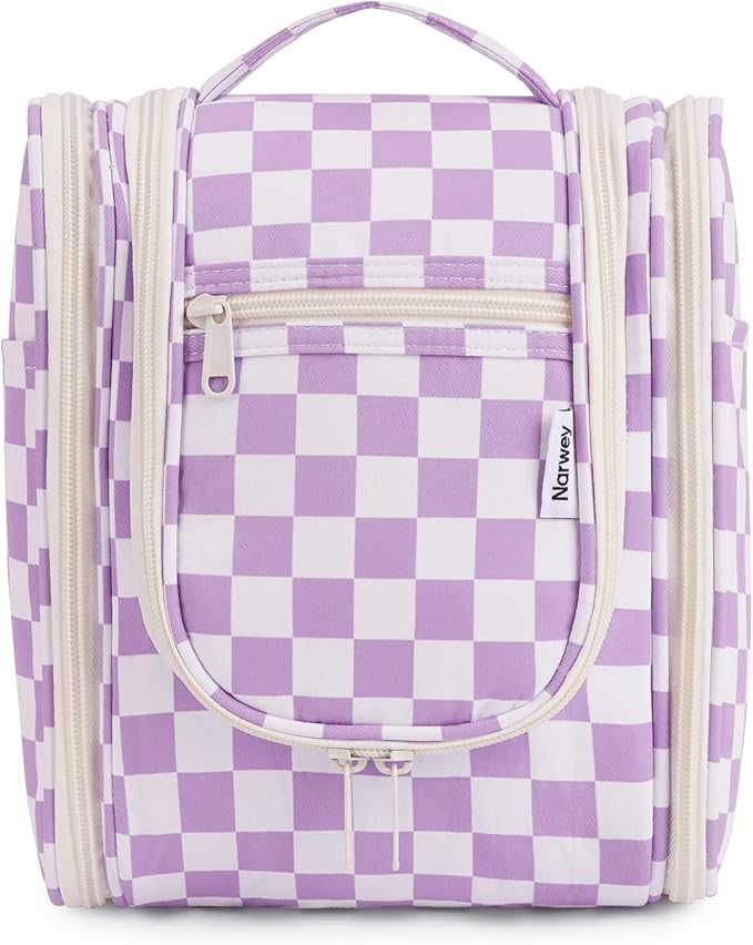 Narwey Small Checkered Hanging Travel Toiletry Bag for Women, Travel Bag for Toiletries, Makeup Bag Organizer Cosmetic Bags Make Up Bags for Women (Purple Checkerboard)