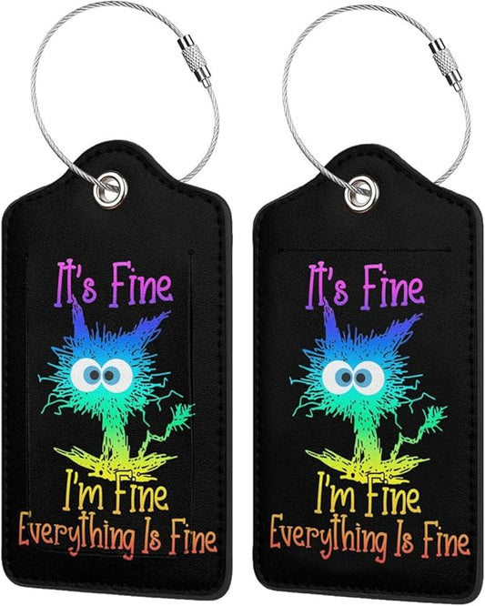 2 Pack Luggage Tags for suitcases Cute Funny I'm Fine It's Fine Color Luggage Tag, Leather Stainless Steel Loop Label Tag for Men Women Travel Bag Suitcase（Black Laser）