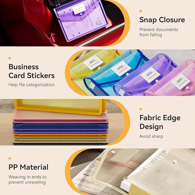 ABC life 6 Pack Plastic Expanding File Folder, Transparent Envelopes with Snap Closure, No Dividers, Large Capacity, Assorted Colors, Large Capacity, Fit Letter/A4 Size - Mutilcolor 03