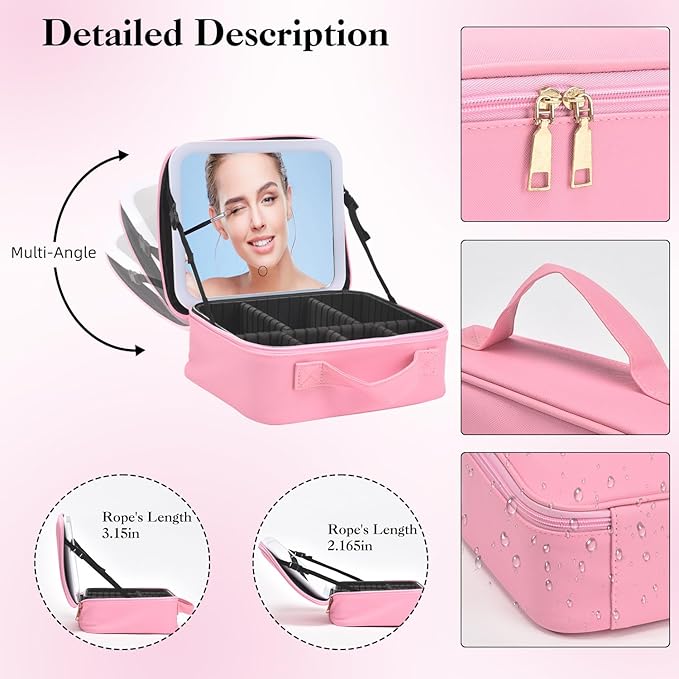 Travel Makeup Bag With LED Mirror,Makeup Travel Train Case with 3 Color Setting,Cosmetic Makeup Organizer Bag with Adjustable Dividers,Portable Make up Bag with Makeup Brush Holder Storage（Pink）