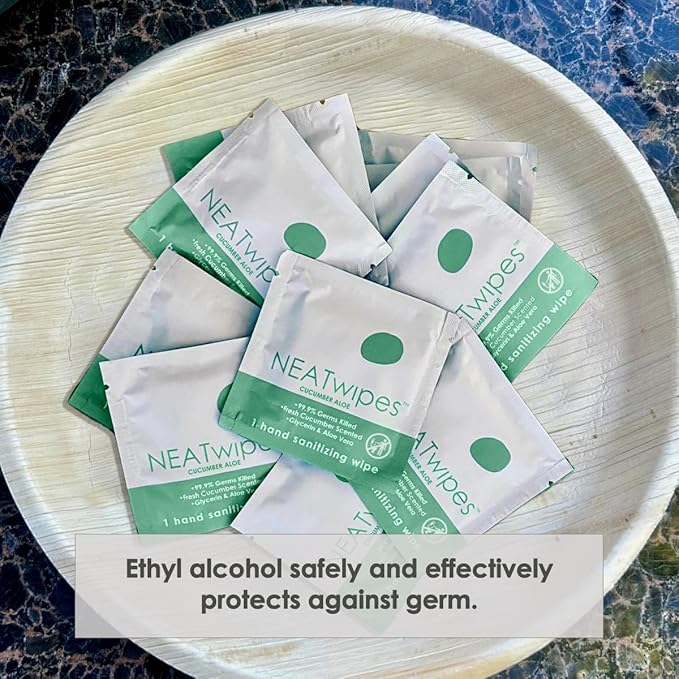 NEATwipes Hand Sanitizing Wipes | Travel Essentials | Disposable Wet Wipe & Planet Friendly | Cucumber Aloe Essential Oil | 10 Pouches of 24 Individually Wrapped Wipes