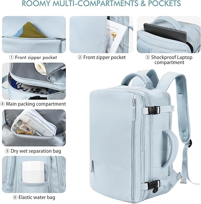 Beraliy Travel Backpack for Women Men, Carry On Backpack, 16 inch Laptop Backpack, Waterproof Casual College Daypack for Weekender Overnight Hiking, Light Blue