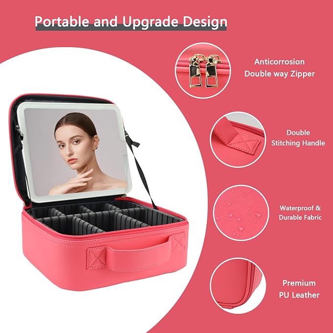 Makeup Bag with Led Mirror,Travel Makeup Organizer with 3 Color Setting & 10X Magnifying Mirror, Portable Storage and Adjustable Dividers Travel Makeup Bag-light red