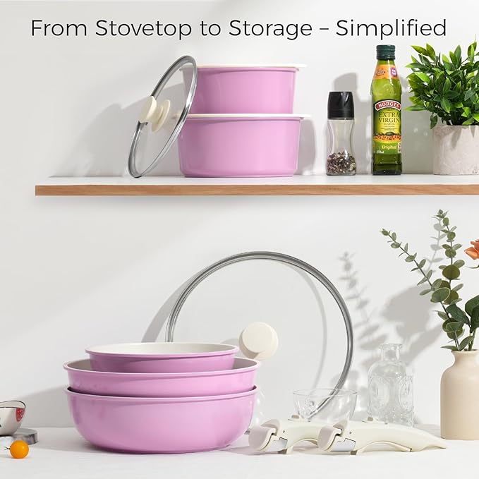 15Pcs Pots and Pans Set Non Stick, Cookware Sets with Detachable Handle, Nonstick RV Kitchen Cooking Tools Removable Handles, Oven Safe, Induction Fast, Stackable Induction Cookware, Pink