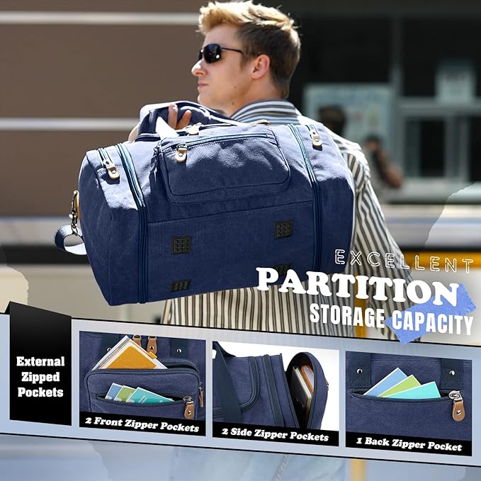 Gonex Canvas Duffle Bag for Travel 60L Expandable Duffel Weekend Overnight Bag men (Blue)
