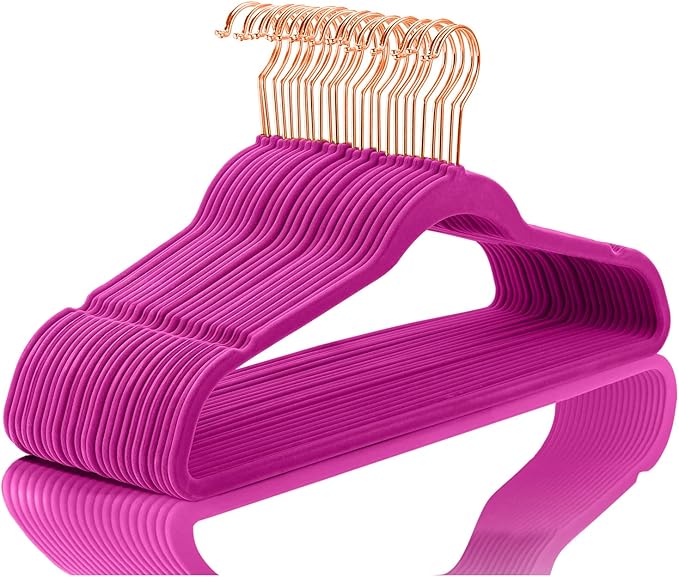 MIZGI Premium Velvet Hangers (Pack of 50) Heavyduty - Non Slip - Velvet Suit Hangers Pink - Copper/Rose Gold Hooks,Space Saving Clothes Hangers