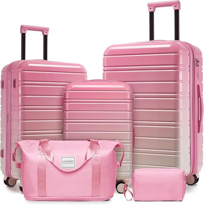 LARVENDER Luggage Sets 5 Piece Hardside Expandable Suitcase with Wheels Lock,PC+ABS Hardside Lightweight Rolling Suitcase for Women and Men,Peach Sparkling