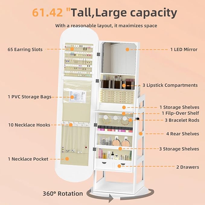 RQZ 8 LEDs Jewelry Cabinet Armoire Standing, 360° Swivel Jewelry Organizer, Lockable Jewelry Storage with Rounded Wide Full-Length Mirror, 4 Storage Shelves, Interior Mirror (61.4" H)