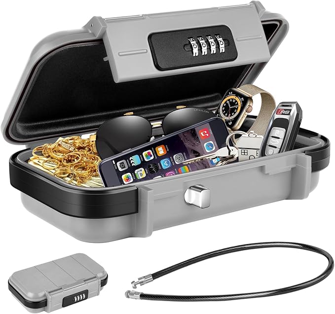 HUANLANG Portable Safe Lock Box with Combination Lock Mini Beach Travel Safe Waterproof Small Lockable Box with Removable Wire Rope Combination Safe Box for Dorm,Travel,Beach,Hotel,Car,Home,Office