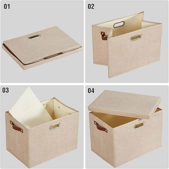 17" Large Collapsible Storage Bins with Lids, Stackable Closet Organizers with PU Handle and Labels, 3-Pack Decorative Fabric Storage Boxes for Home, Bedroom, Closet, Office, Nursery(Khaki)