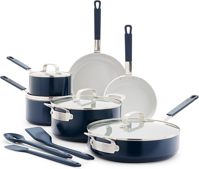 GreenPan x Bobby Flay 13 Piece Nonstick Cookware Pots and Pans Set, PFAS-Free Diamond Ceramic, Induction Suitable, Easy Clean Dishwasher & Oven Safe, Stay-Cool Silicone Handles, Glass Lids, Navy Blue