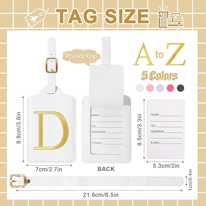 Personalized Initial Luggage Tags for Suitcase TSA Approved, White Leather Cute Luggage Tag with Privacy Cover Name Card, Embroidered Custom Luggage Tags Travel Baggage Tags Gifts for Women Kids(D)